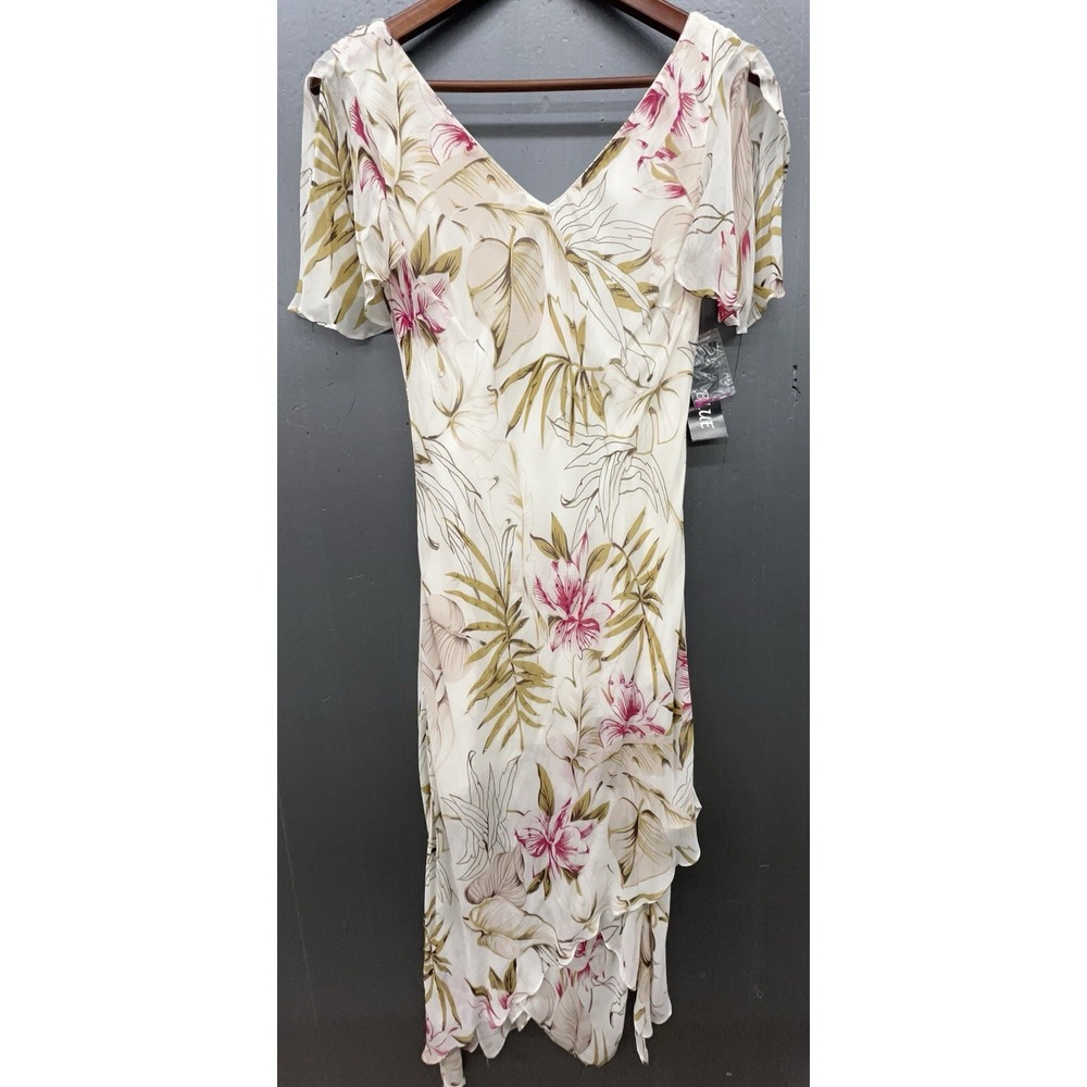 Vtg Eva Blue Dress 10‎ Cream Floral Beads Slit Sleeves Layers Romantic Fairy New